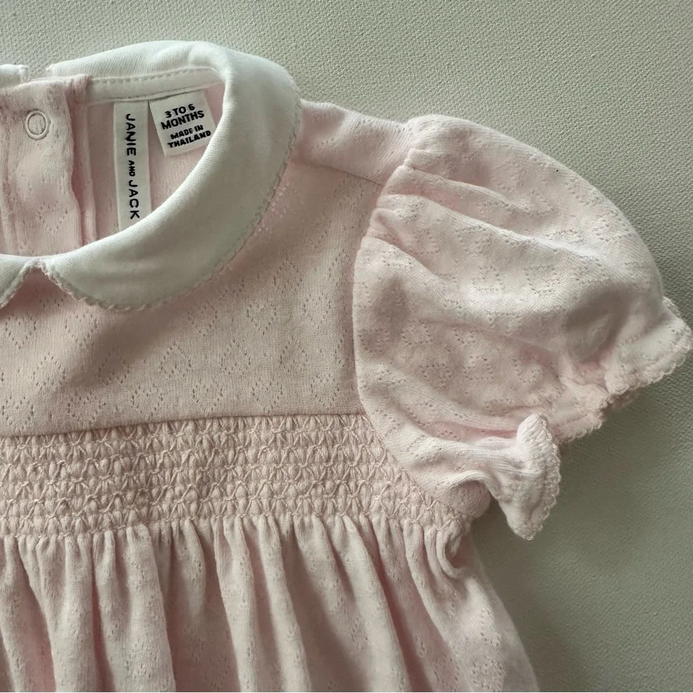 Janie and Jack 3-6 Months Baby Girl Pink Smocked Bubble Romper Peter Pan Collar